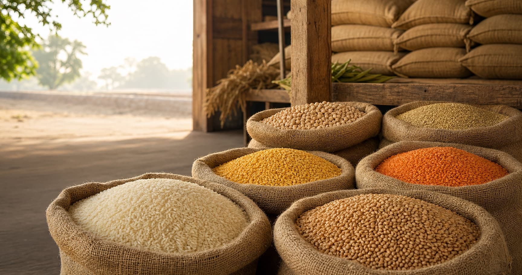 Open jute sacks filled with rice, wheat and pulses in a grain market